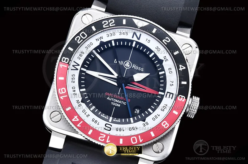 BR151D - Bell Ross BR03-93 GMT/COMP Red/Blk SS/SRU Blk WMF A2836